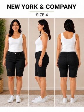 New York & Company Black Distressed Bermuda Denim Shorts Size 4